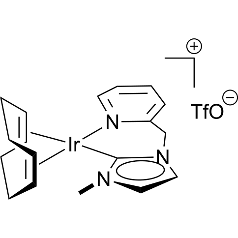 Chemical structure of (1,5-Cyclooctadiene)[3-methyl-1-[(2-pyridyl)methyl]-imidazol-2-ylidine] iridium(I) triflate